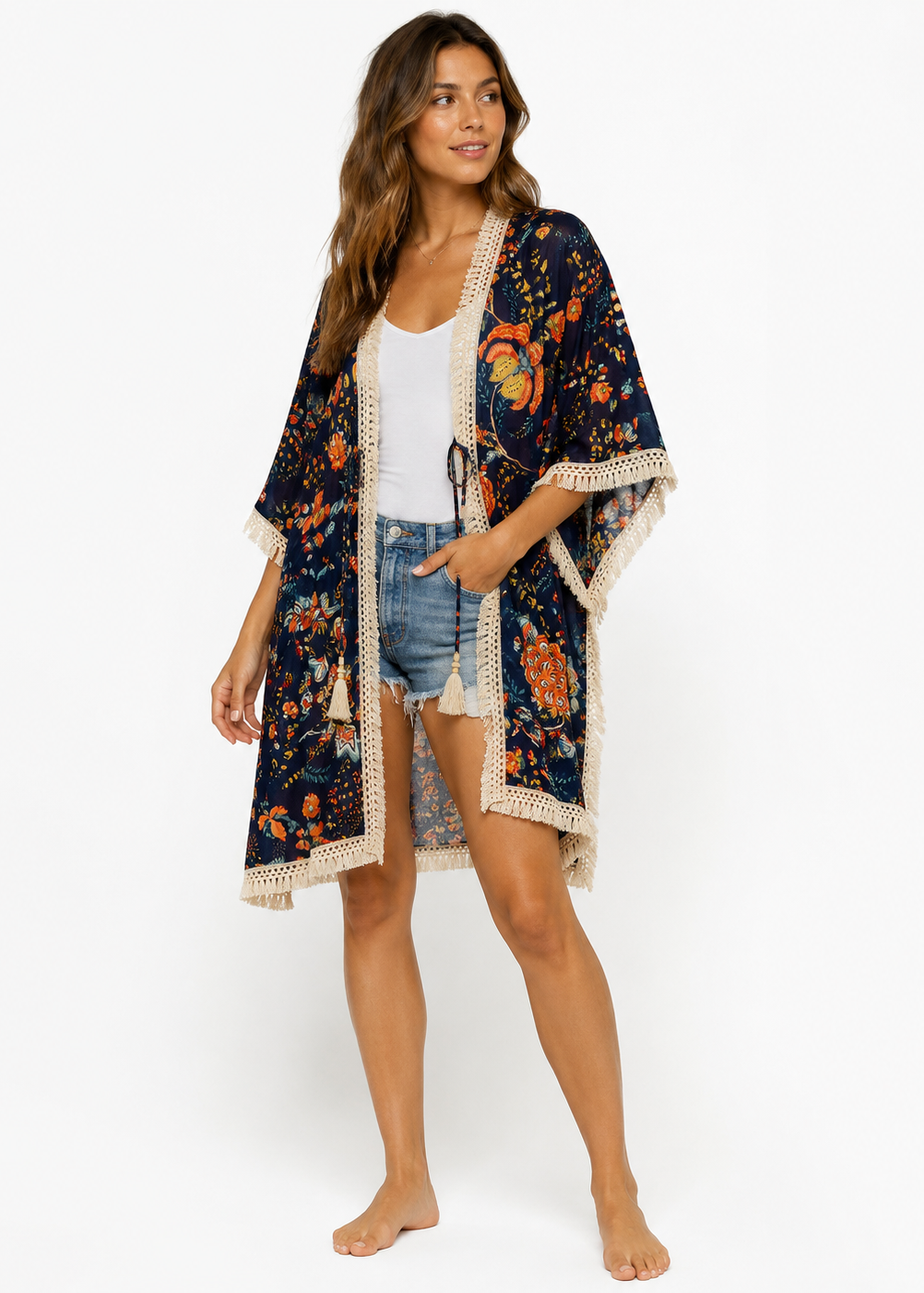 Aurora Fringe Wrap in Navy
