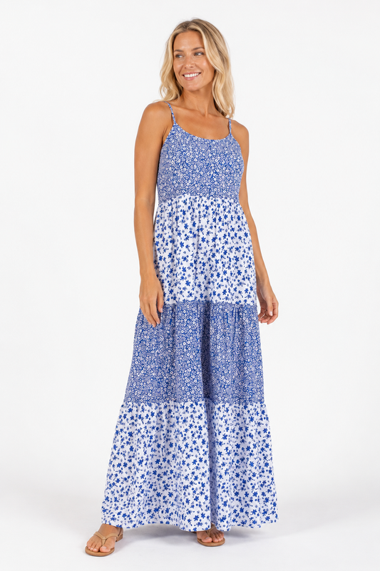 Sharon Blue & White Tiered Maxi Sun Dress
