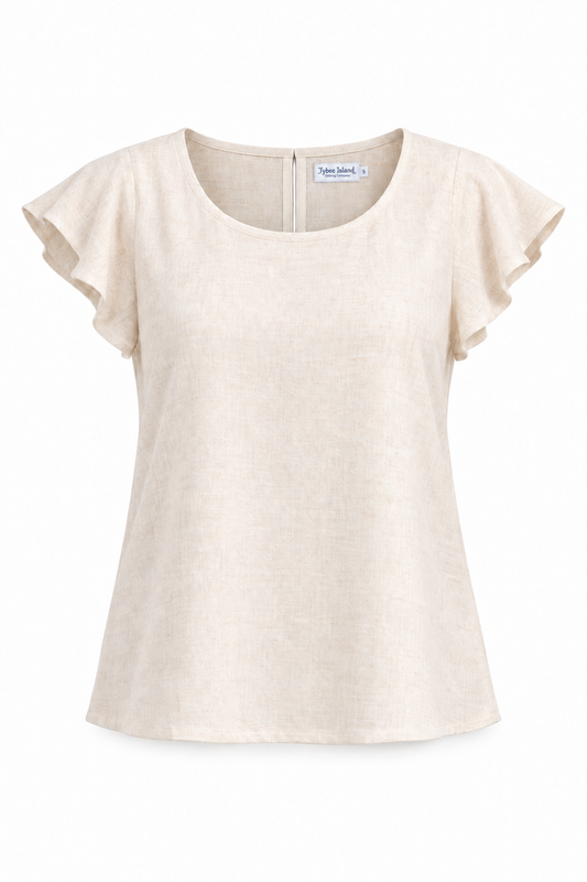 Scarlet Cotton Linen Blend Flutter Sleeve Top in Sand