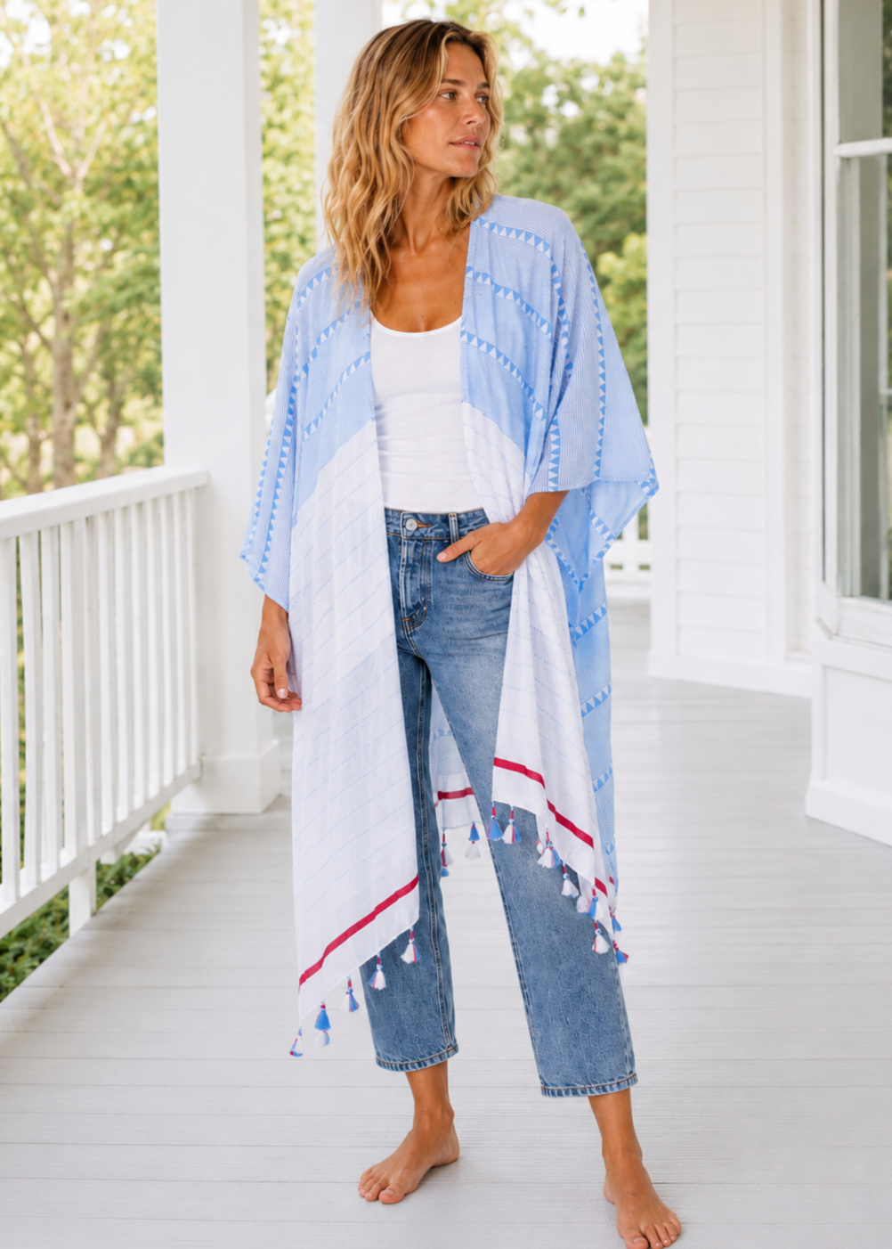 Tassel Wrap in Lt. Blue with Red Accent