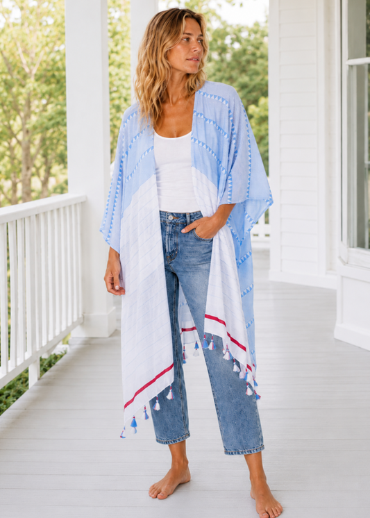 Tassel Wrap in Lt. Blue with Red Accent