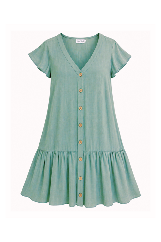 Lexi Cotton/Linen Blend Button Up Dress in Teal