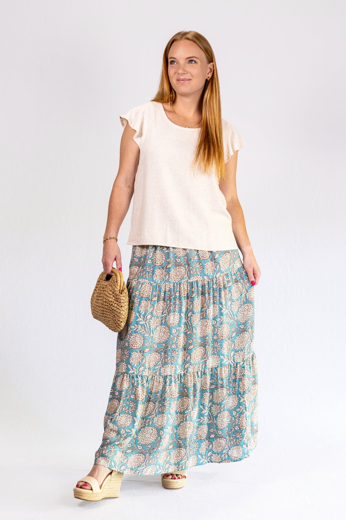 Scarlet Cotton Linen Blend Flutter Sleeve Top in Sand